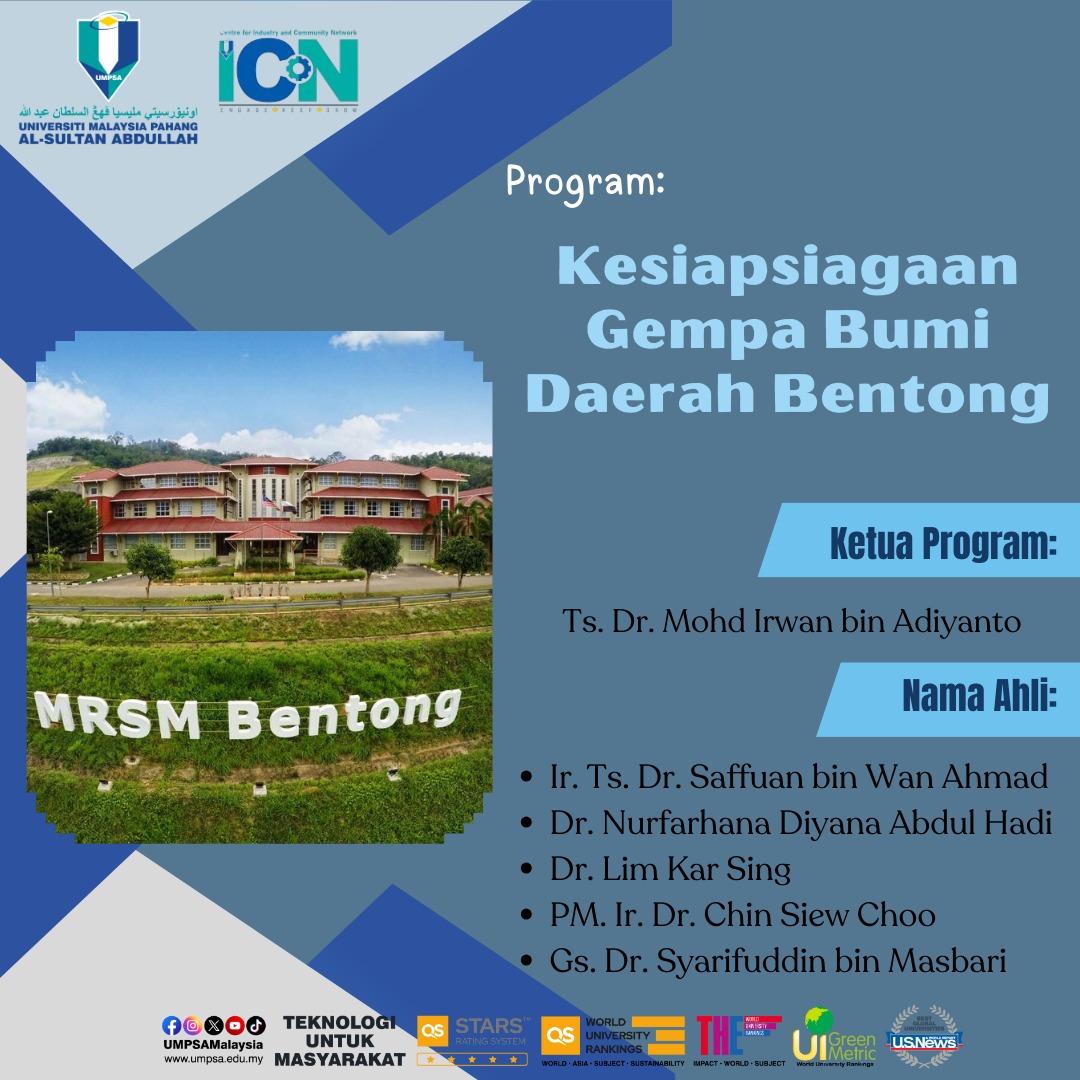 Program Profesor Turun Padang (PTP) 2024 - Program Kesiapsiagaan Gempa Bumi Daerah Bentong di MRSM Bentong, Pahang yang diselaraskan oleh Ts. Dr. Mohd Irwan Adiyanto, FTKA, UMPSA